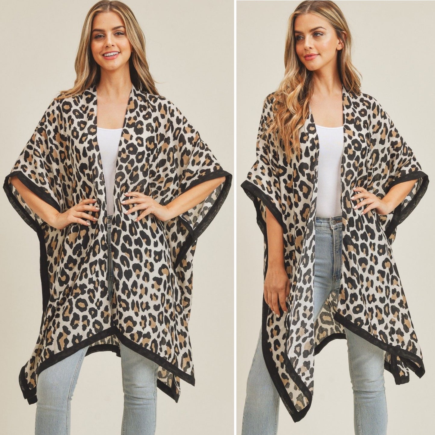 Beige or Brown Leopard Print Open Kimono