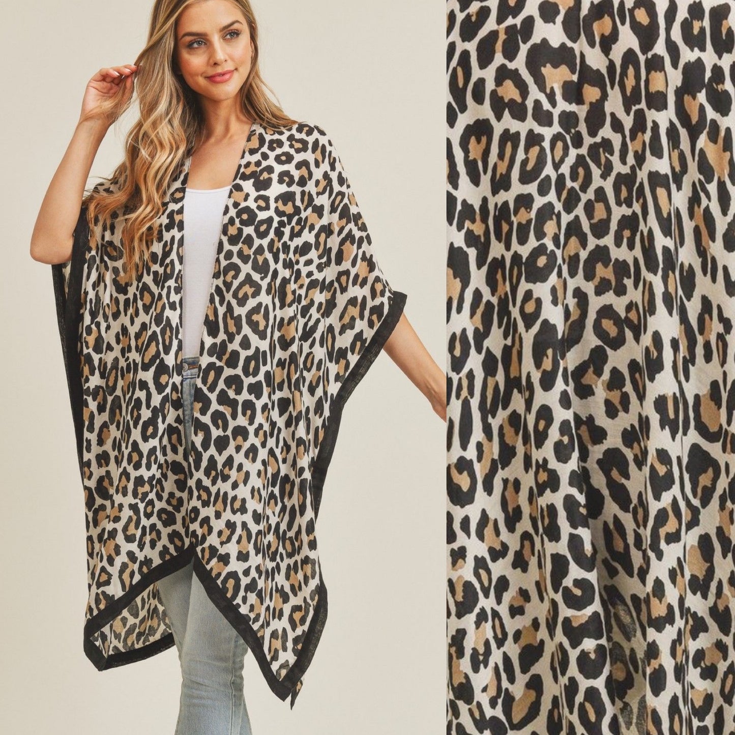 Beige or Brown Leopard Print Open Kimono