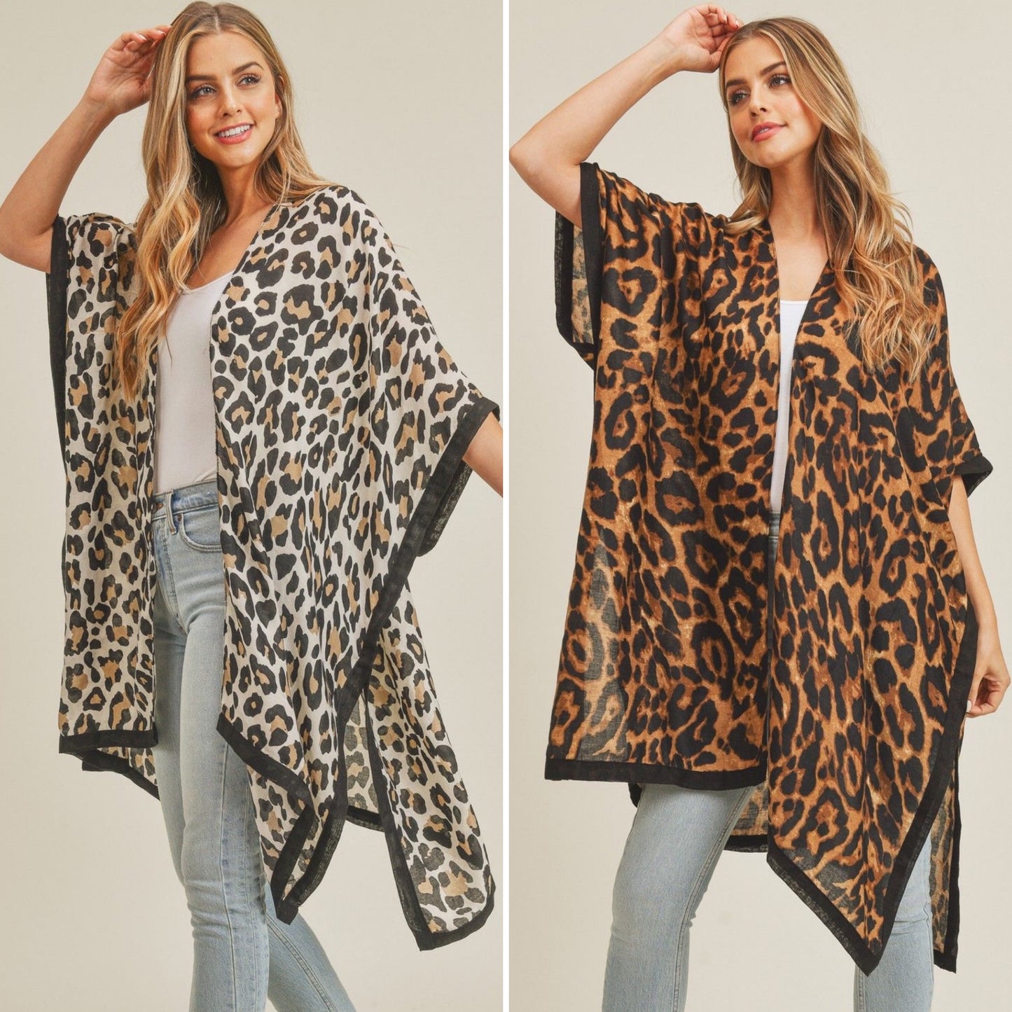 Beige or Brown Leopard Print Open Kimono