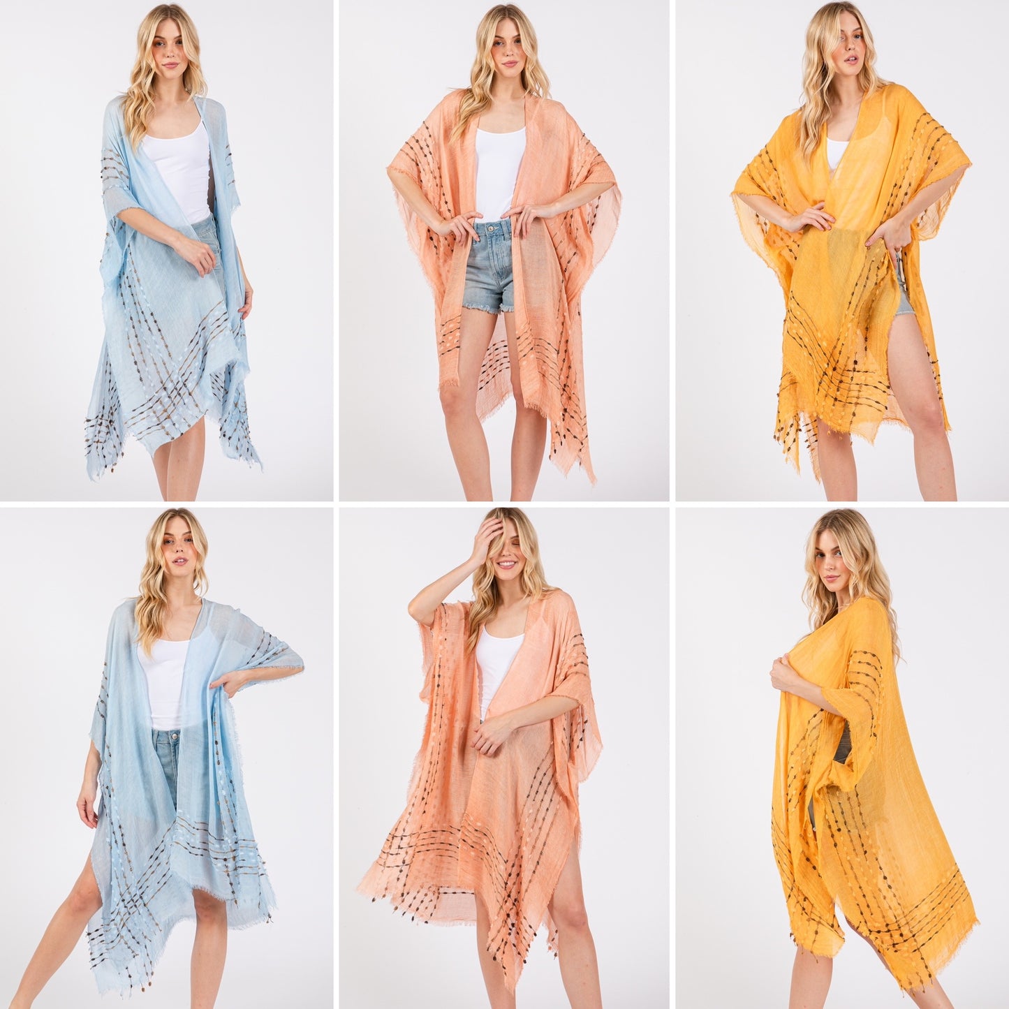 Solid Color Stitch Open Kimono Shawl