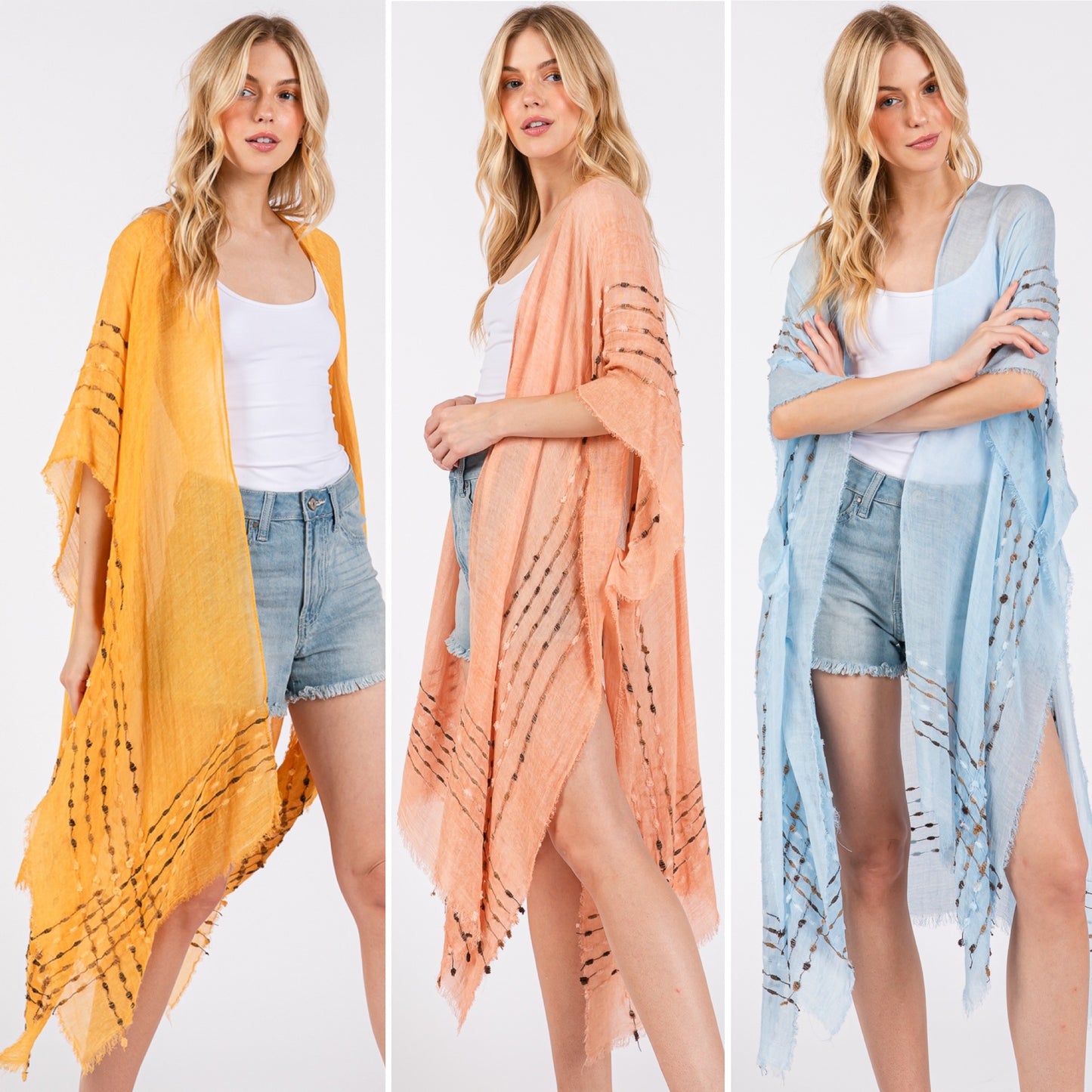 Solid Color Stitch Open Kimono Shawl