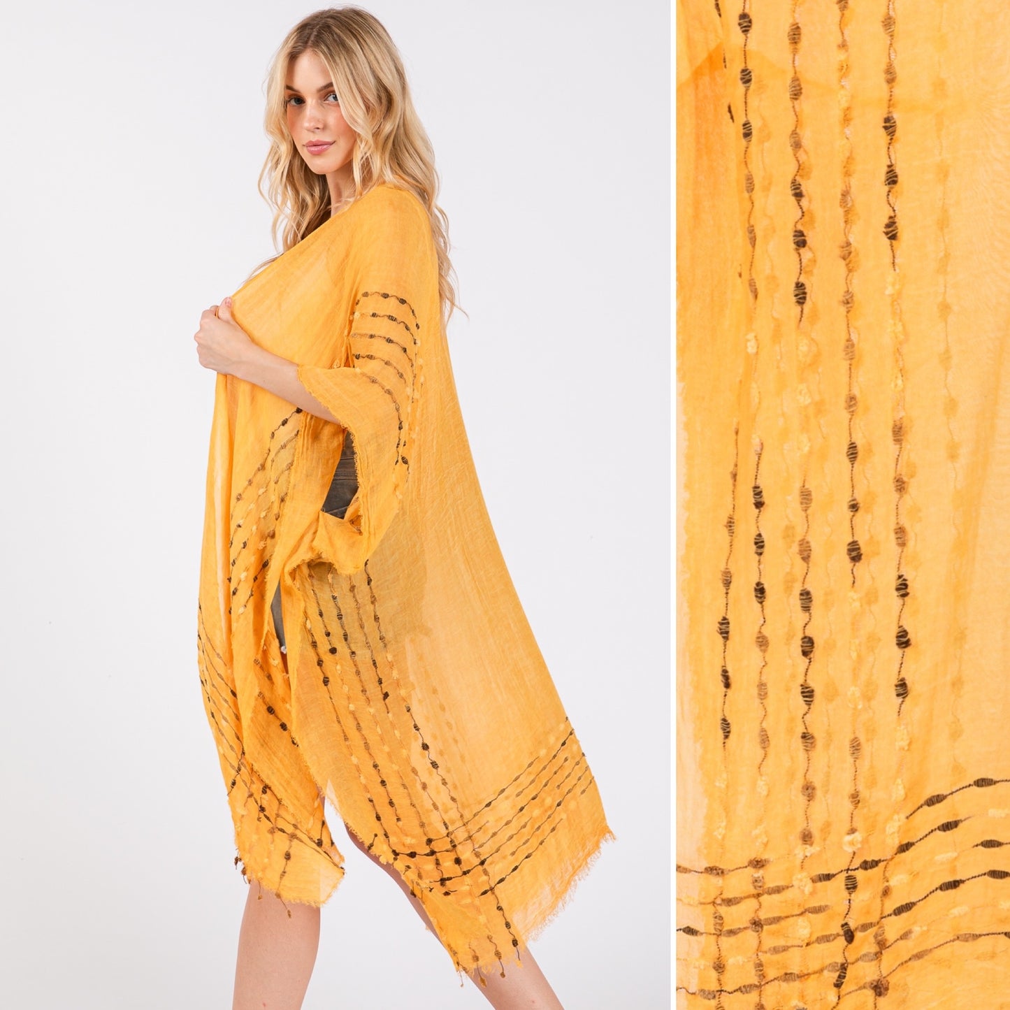 Solid Color Stitch Open Kimono Shawl