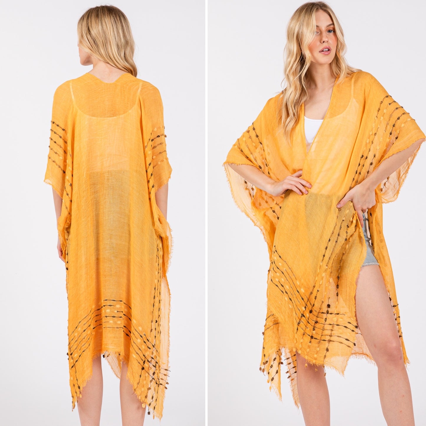 Solid Color Stitch Open Kimono Shawl