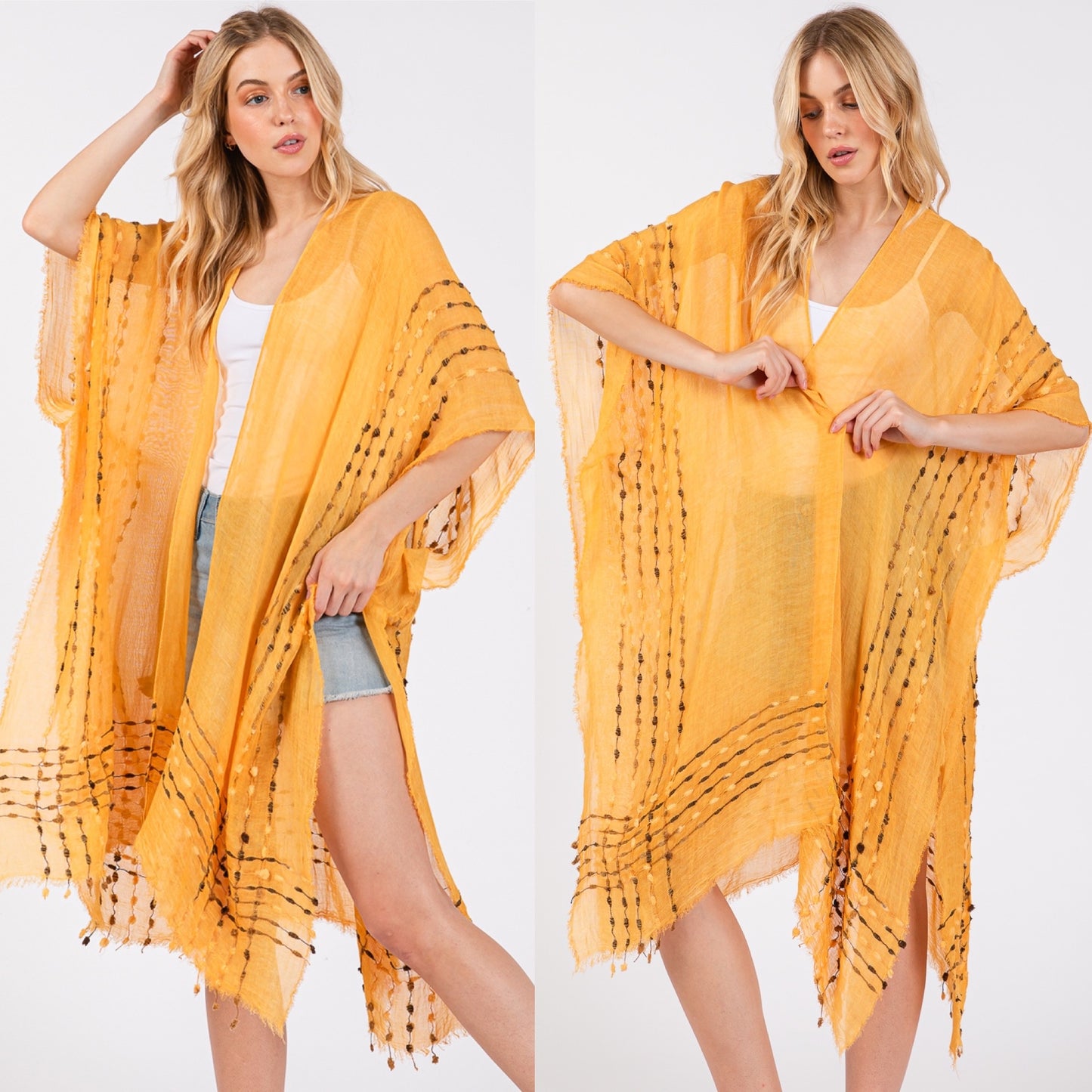Solid Color Stitch Open Kimono Shawl