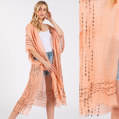 Solid Color Stitch Open Kimono Shawl