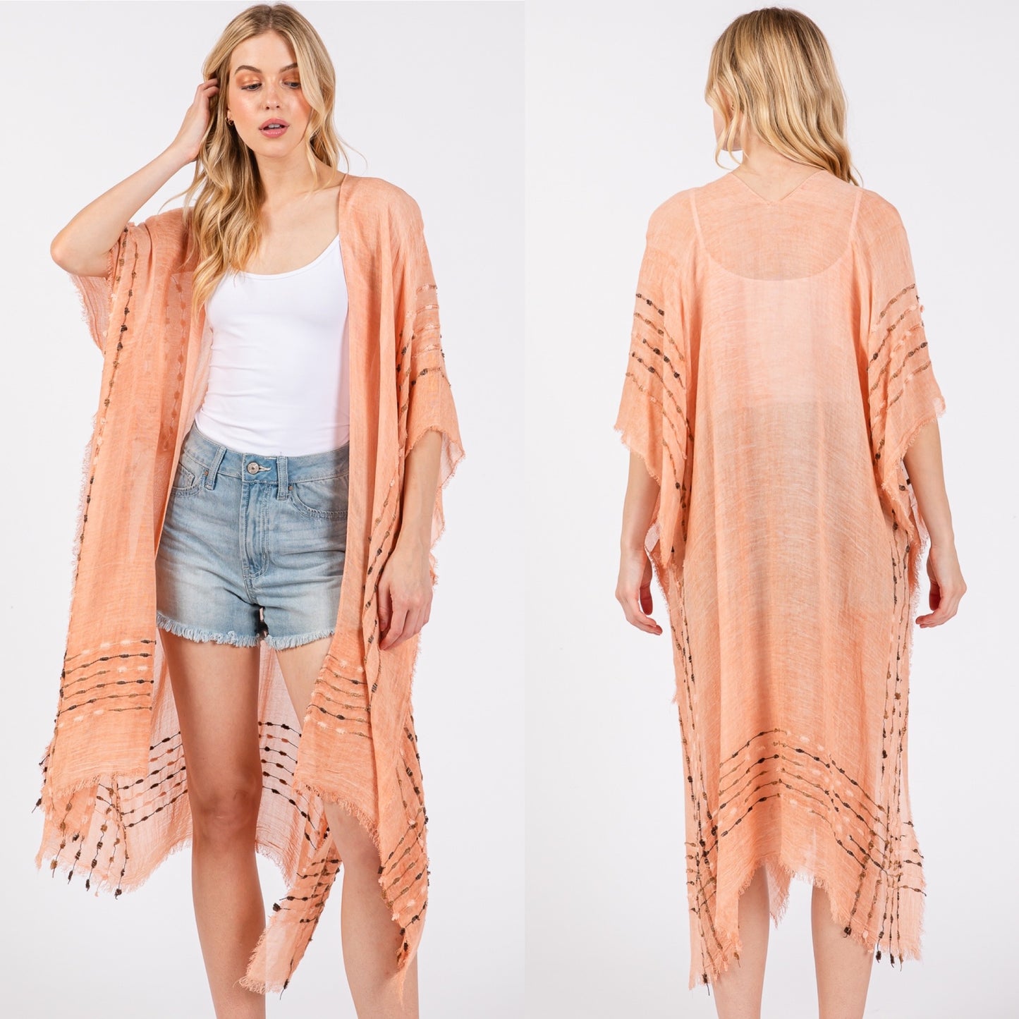 Solid Color Stitch Open Kimono Shawl