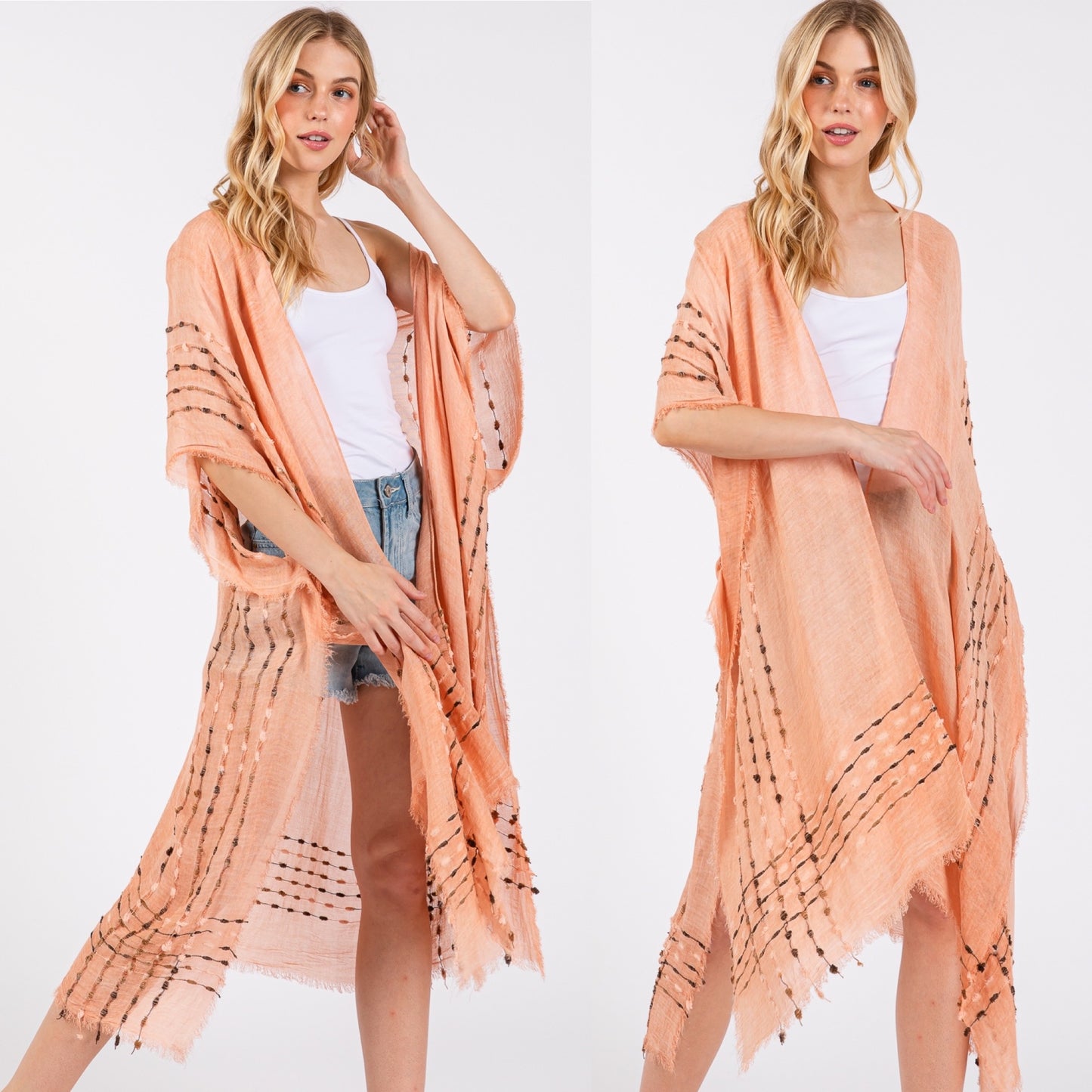 Solid Color Stitch Open Kimono Shawl
