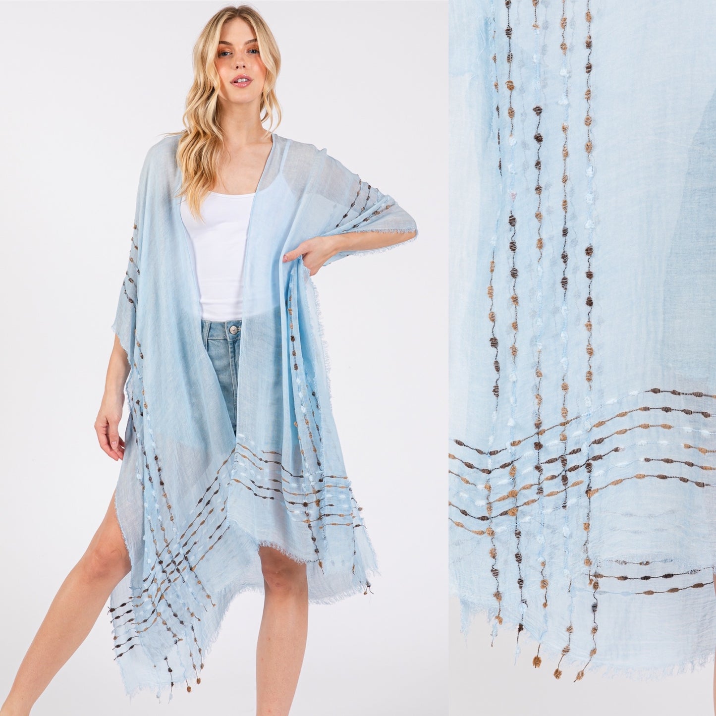 Solid Color Stitch Open Kimono Shawl