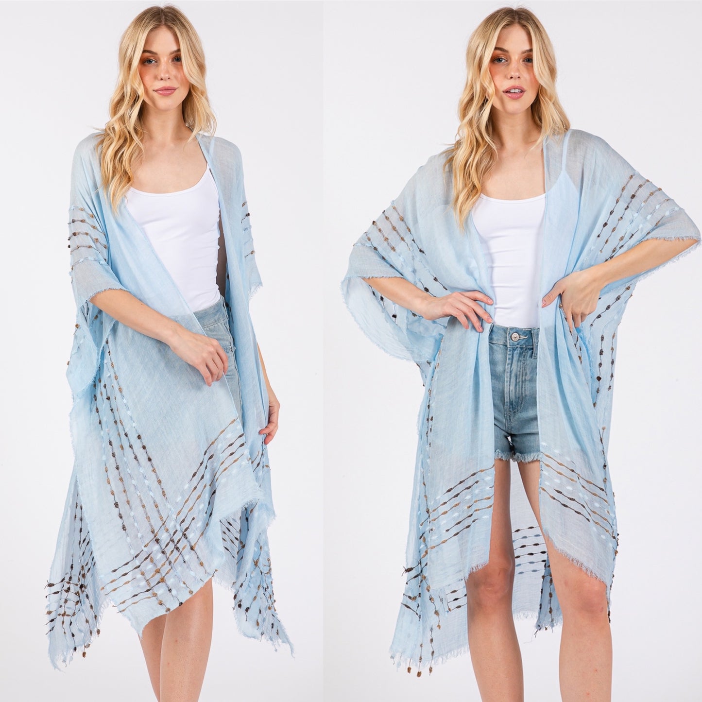 Solid Color Stitch Open Kimono Shawl