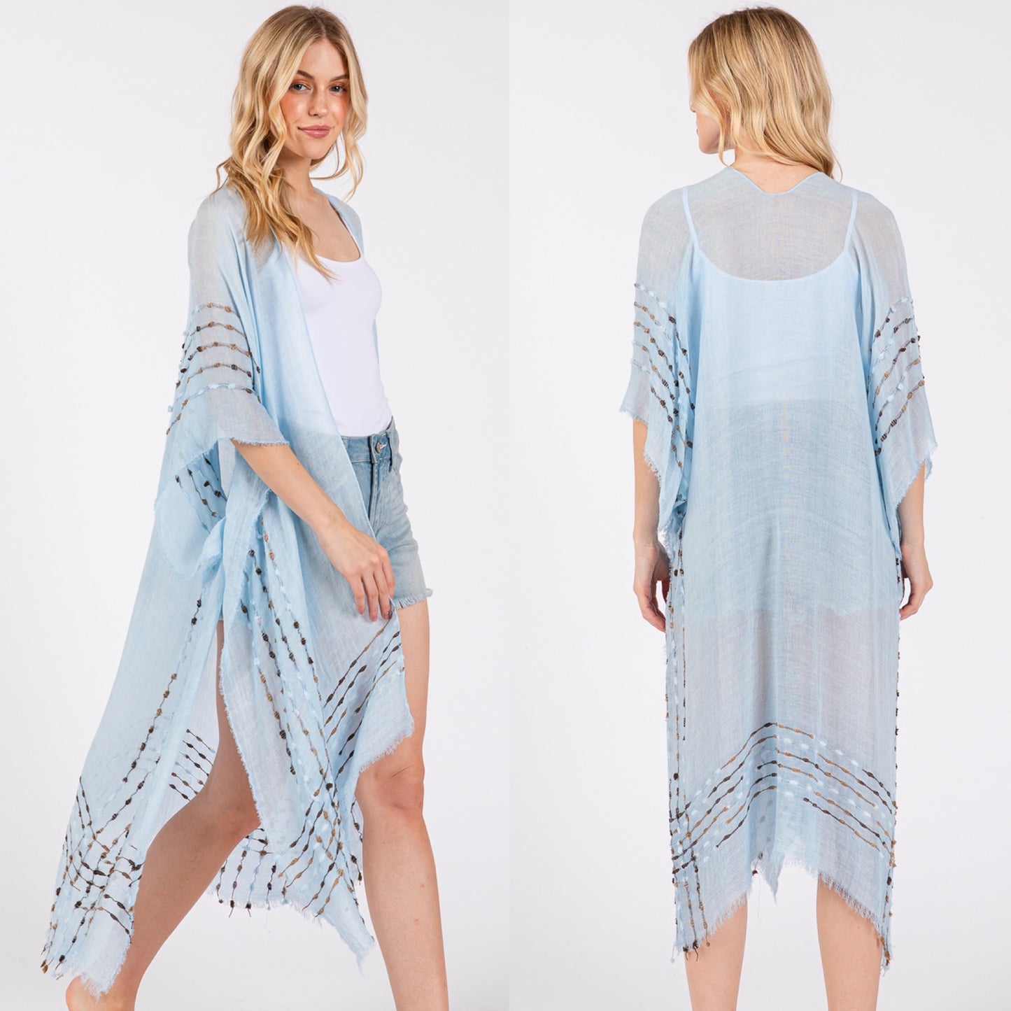 Solid Color Stitch Open Kimono Shawl