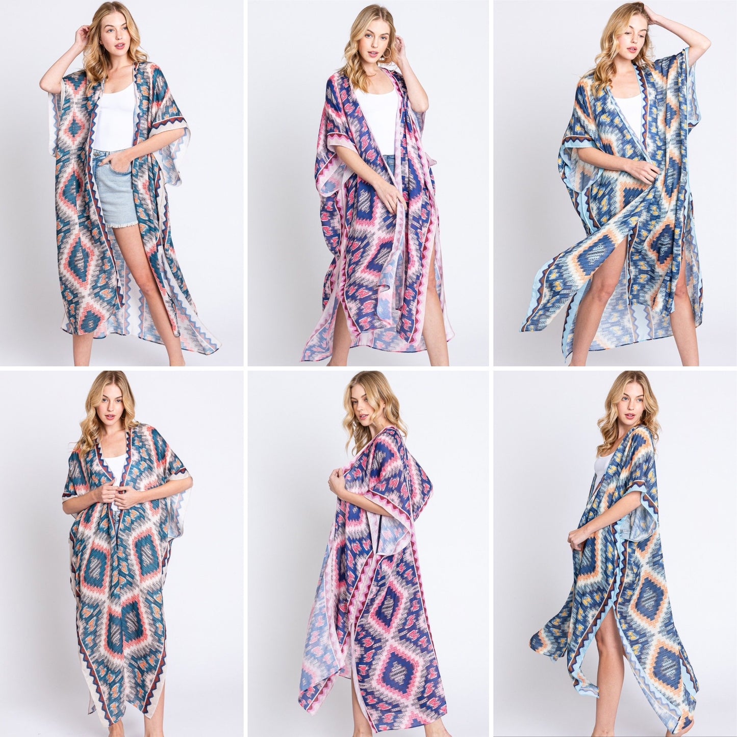 Aztec Print Open Front Long Open Kimono