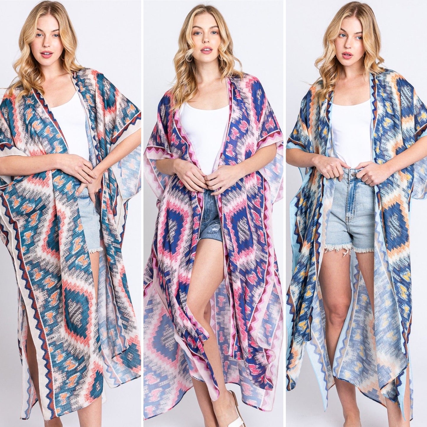 Aztec Print Open Front Long Open Kimono