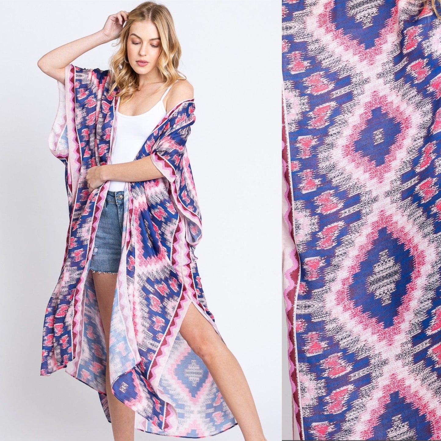 Aztec Print Open Front Long Open Kimono