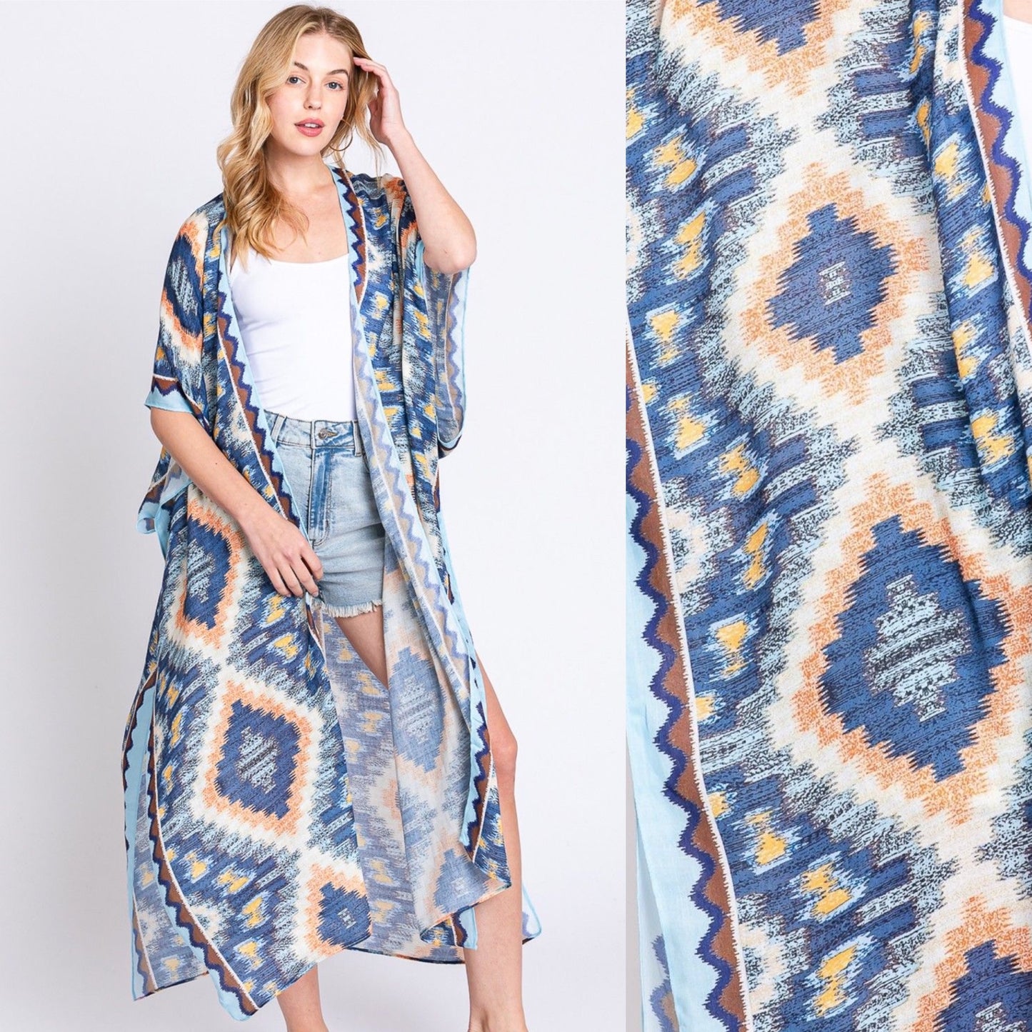 Aztec Print Open Front Long Open Kimono