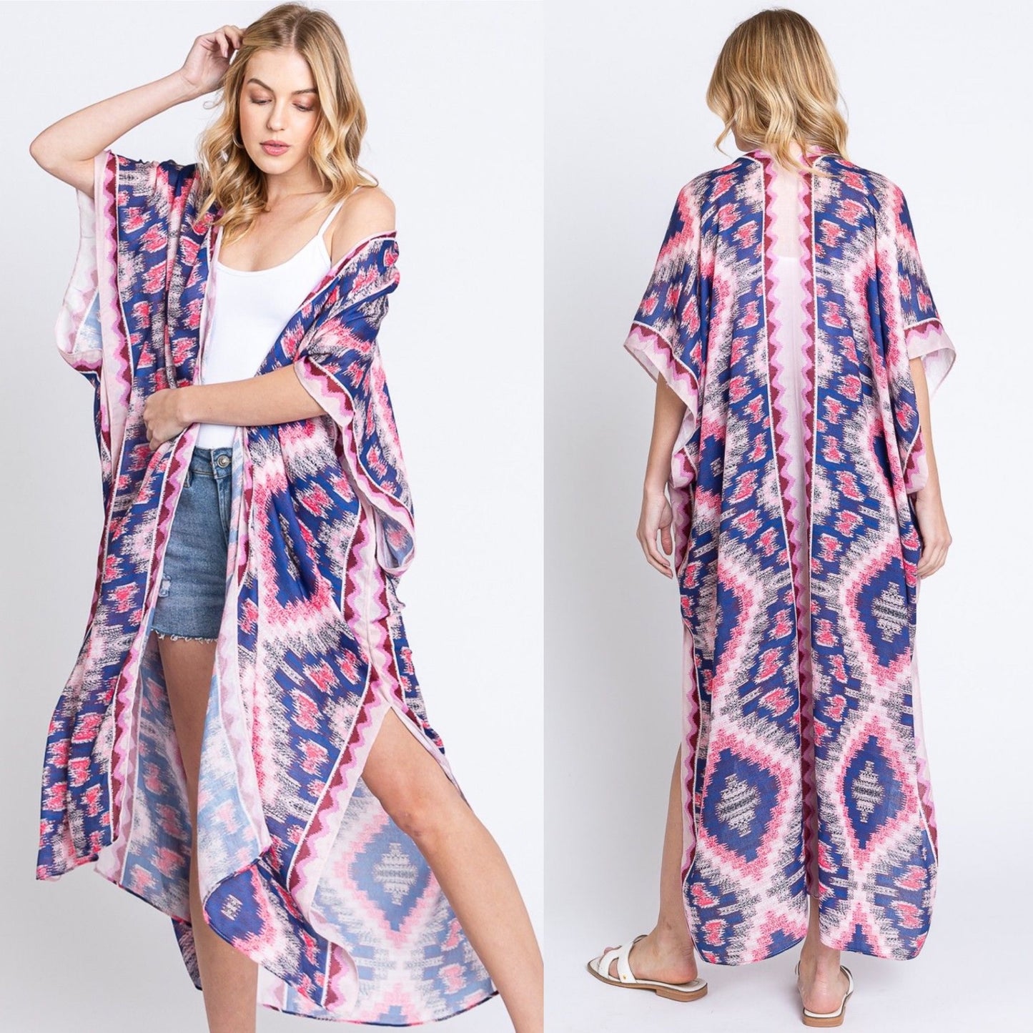 Aztec Print Open Front Long Open Kimono