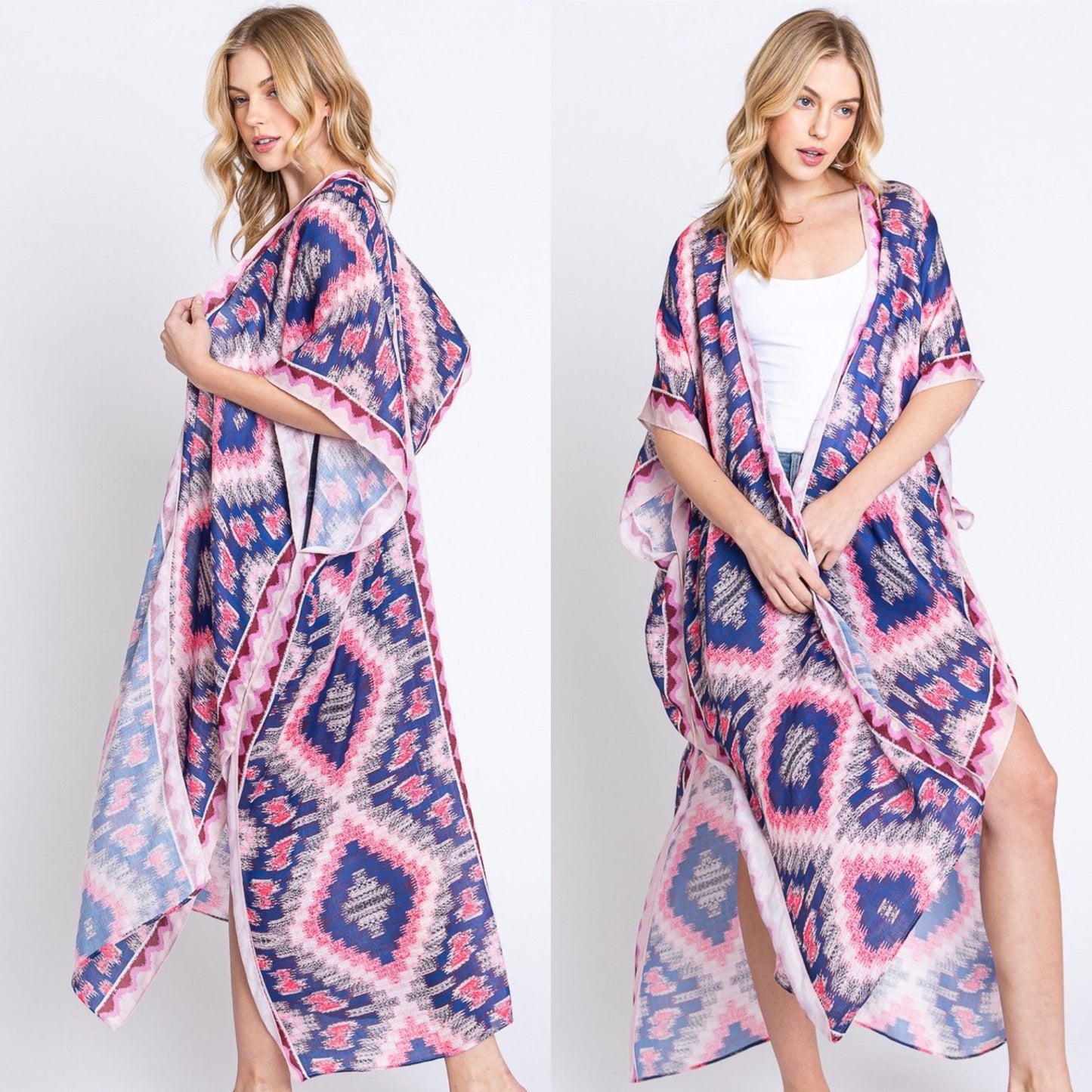 Aztec Print Open Front Long Open Kimono