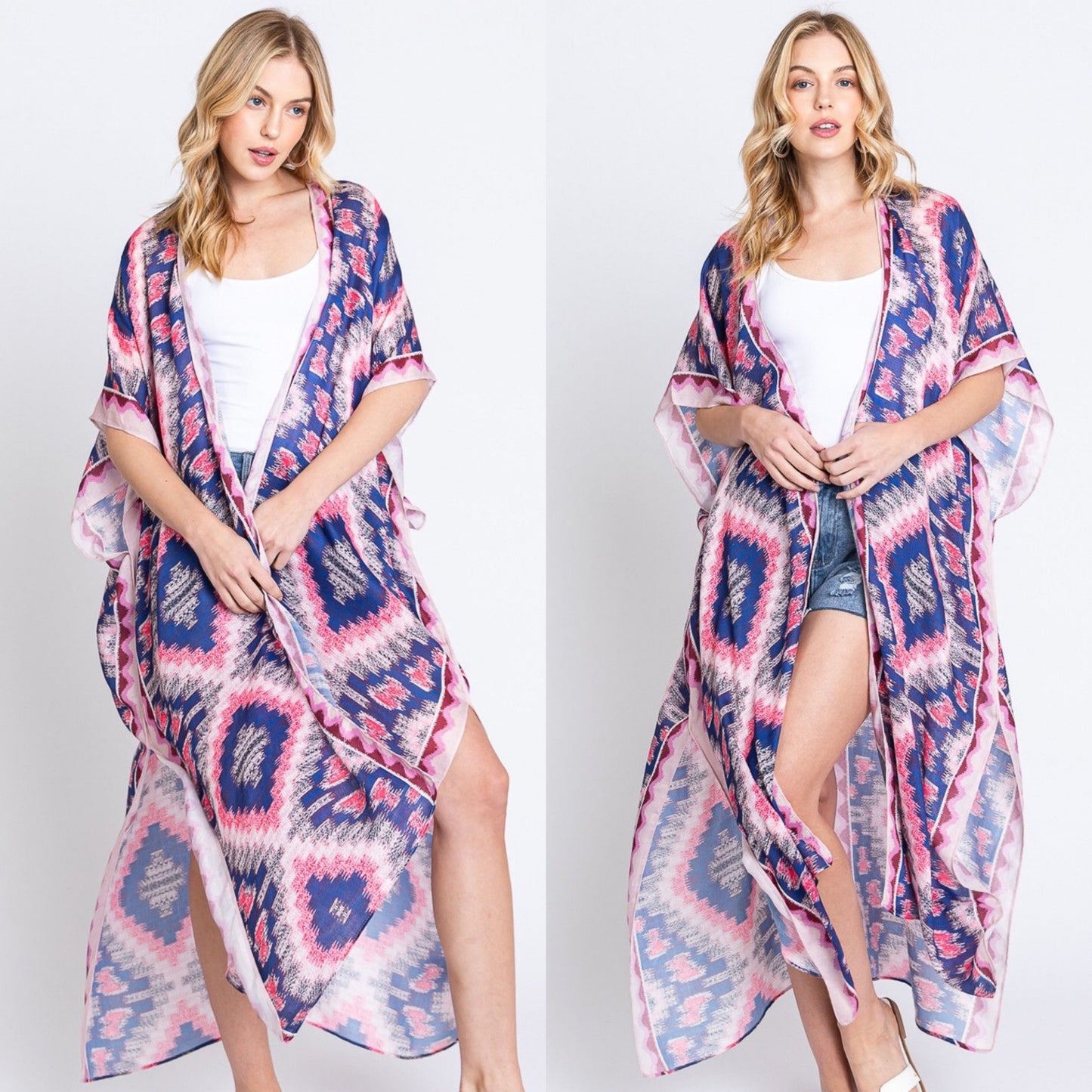 Aztec Print Open Front Long Open Kimono