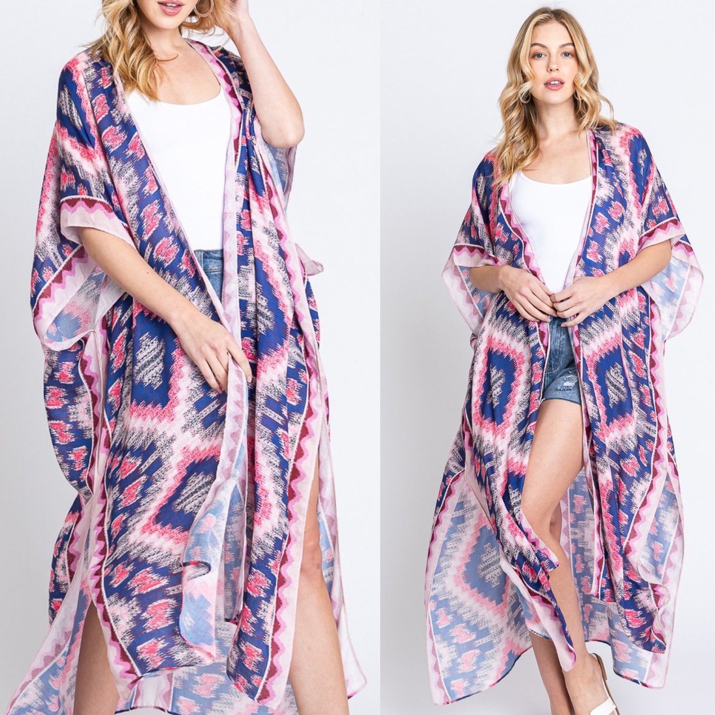 Aztec Print Open Front Long Open Kimono