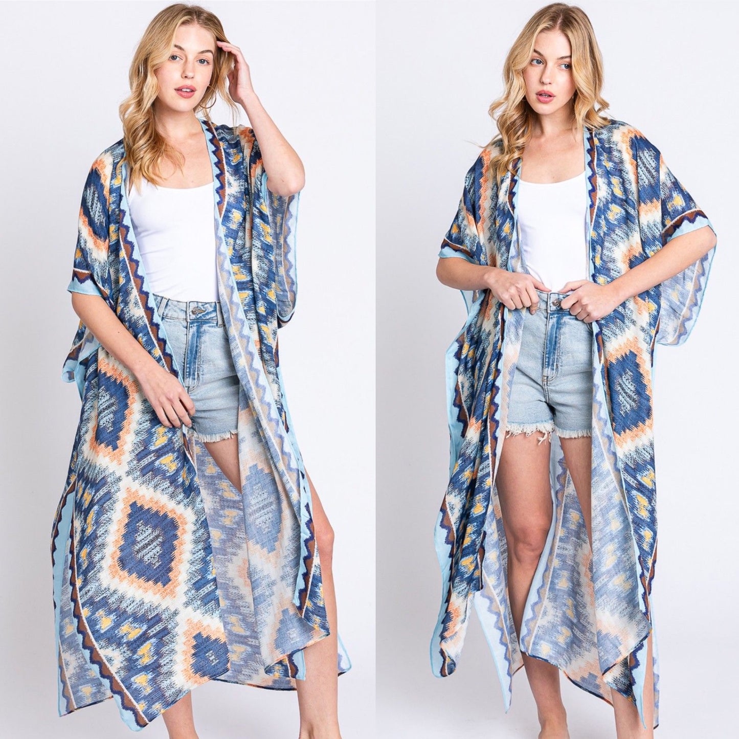Aztec Print Open Front Long Open Kimono