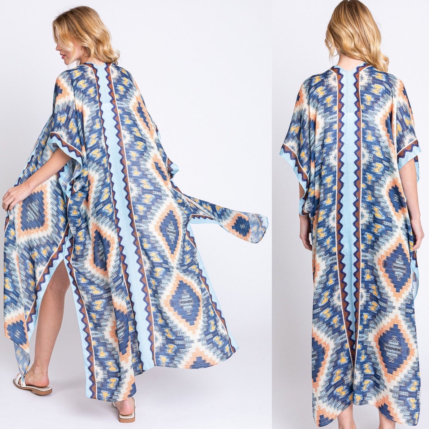 Aztec Print Open Front Long Open Kimono