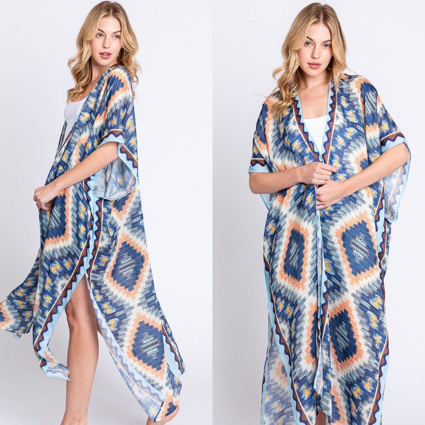 Aztec Print Open Front Long Open Kimono