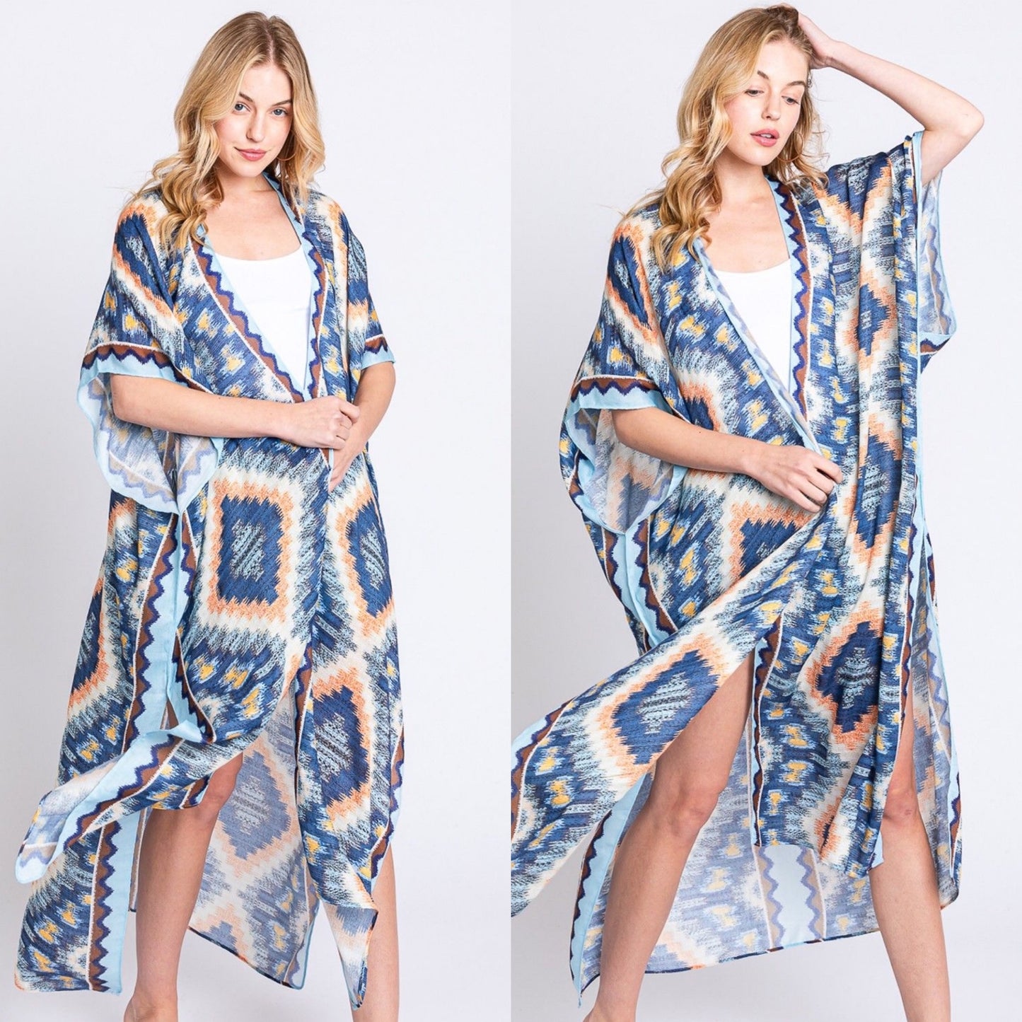 Aztec Print Open Front Long Open Kimono