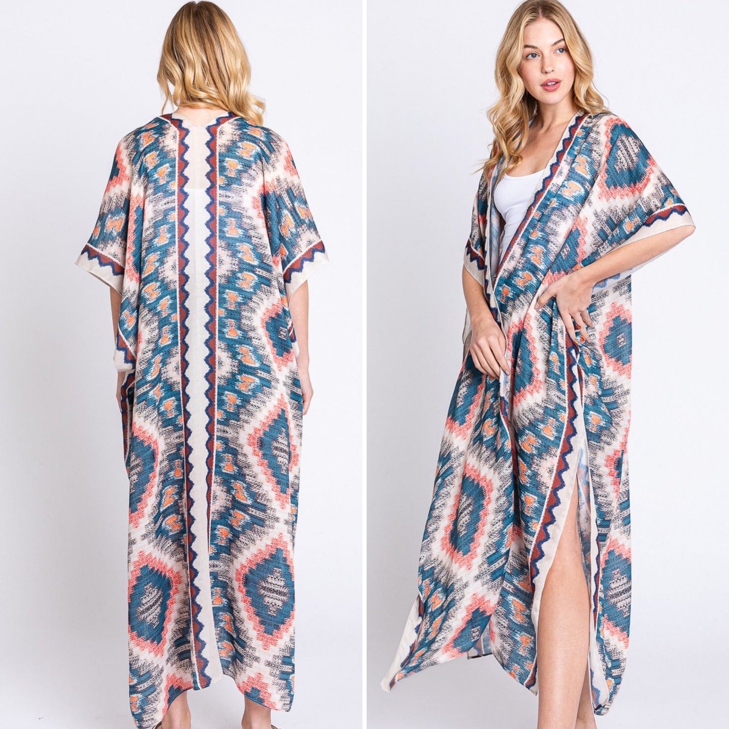 Aztec Print Open Front Long Open Kimono