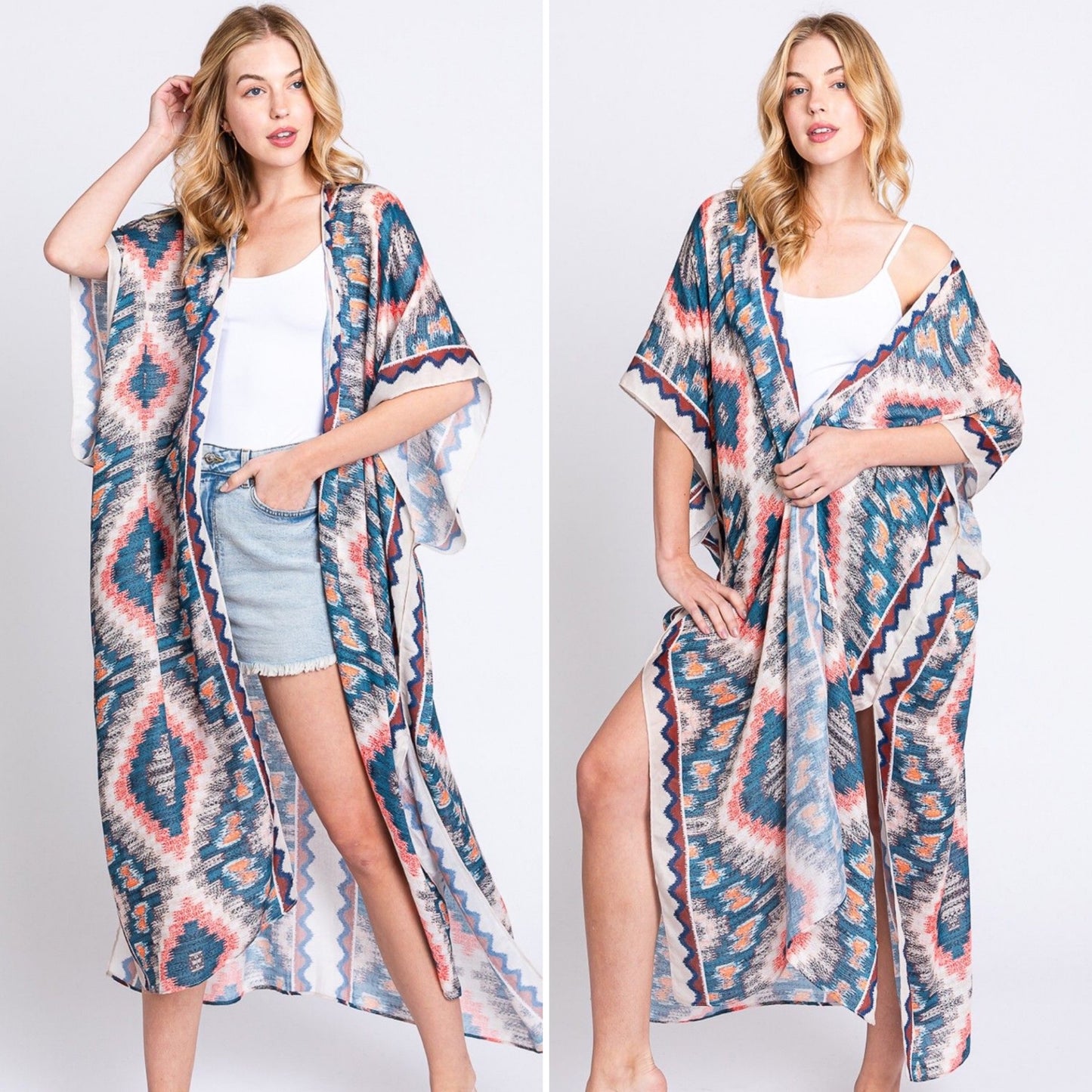 Aztec Print Open Front Long Open Kimono