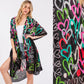 Black or Beige Multicolor Heart Print Silky Feel Kimono