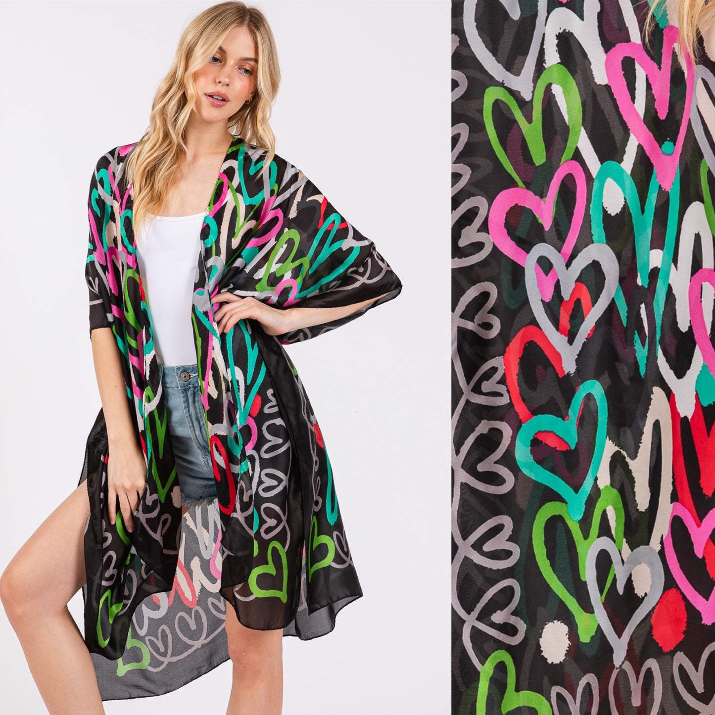 Black or Beige Multicolor Heart Print Silky Feel Kimono