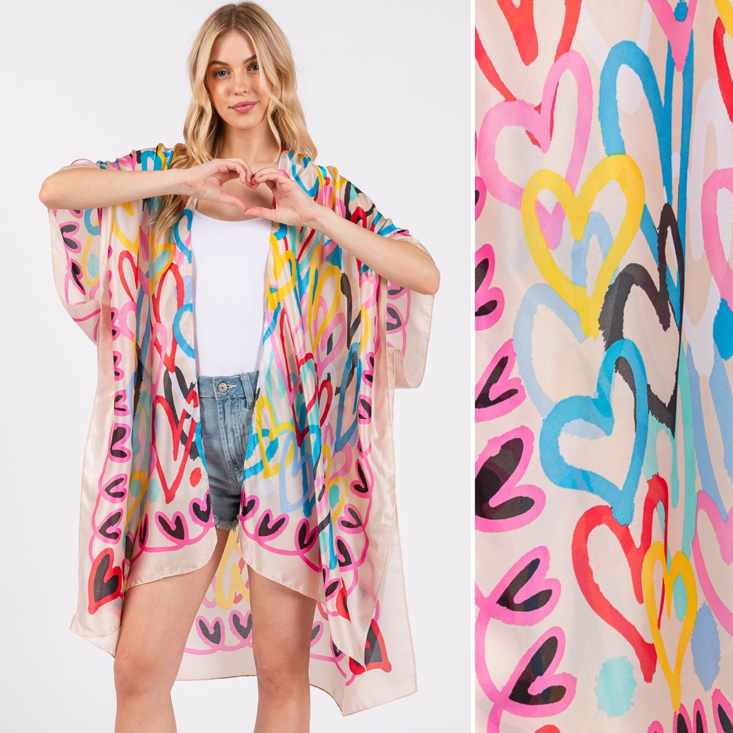 Black or Beige Multicolor Heart Print Silky Feel Kimono