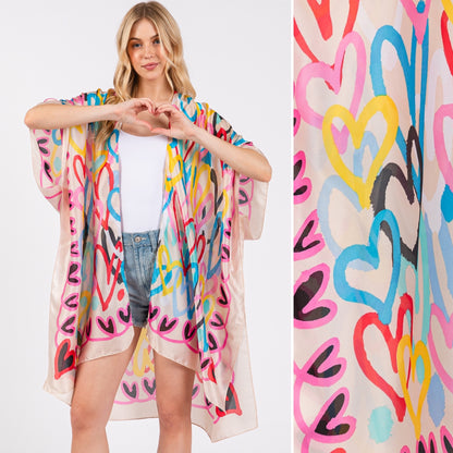 Black or Beige Multicolor Heart Print Silky Feel Kimono