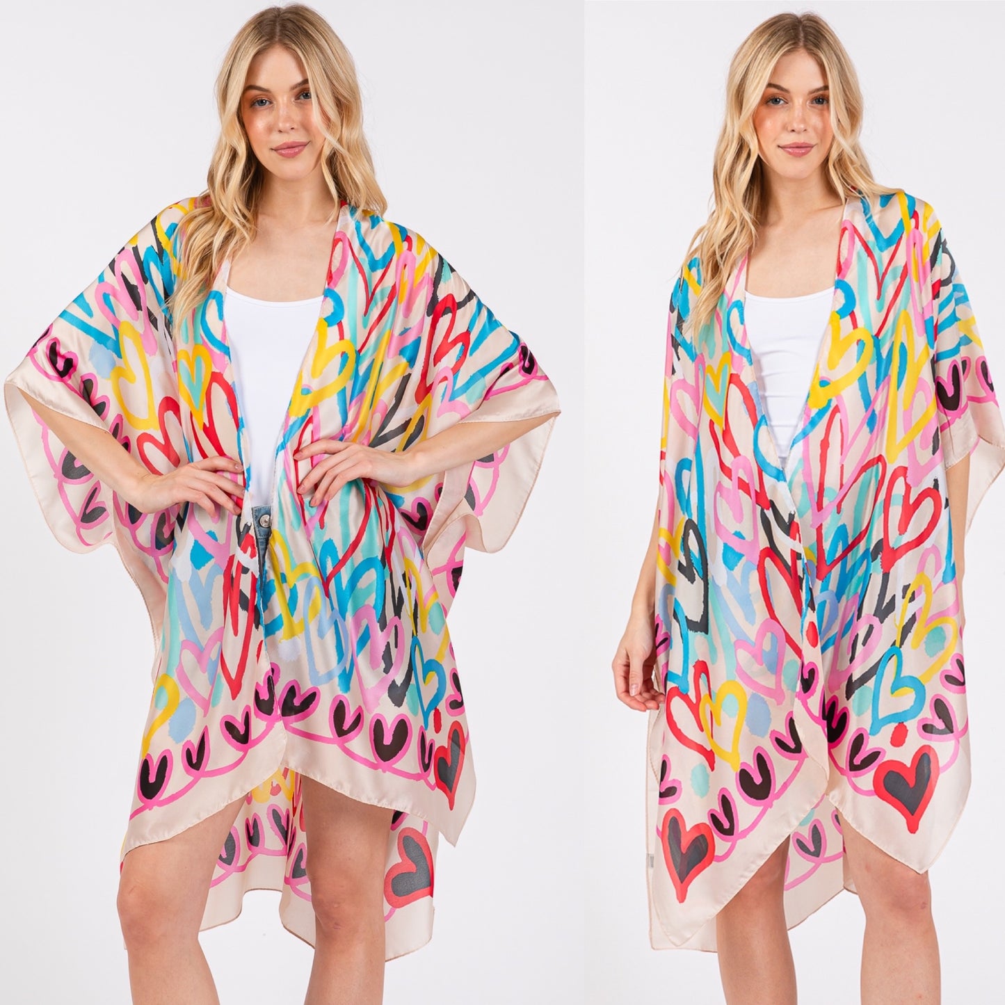 Black or Beige Multicolor Heart Print Silky Feel Kimono