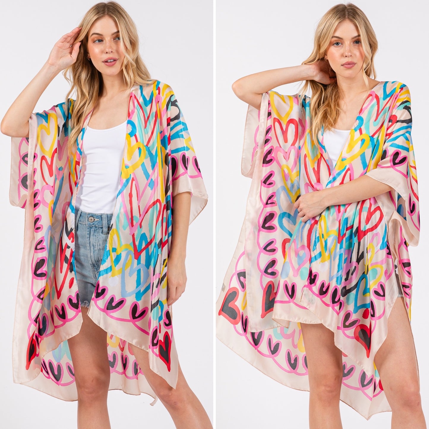Black or Beige Multicolor Heart Print Silky Feel Kimono