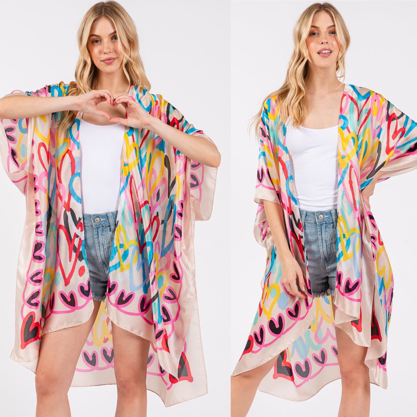 Black or Beige Multicolor Heart Print Silky Feel Kimono