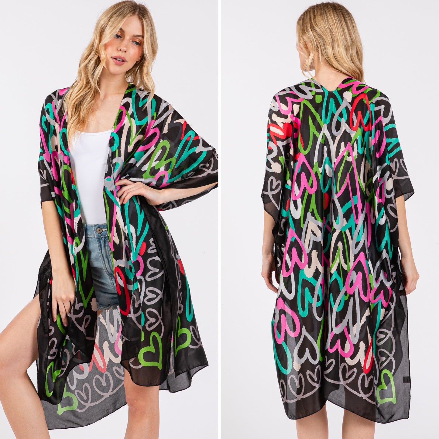 Black or Beige Multicolor Heart Print Silky Feel Kimono