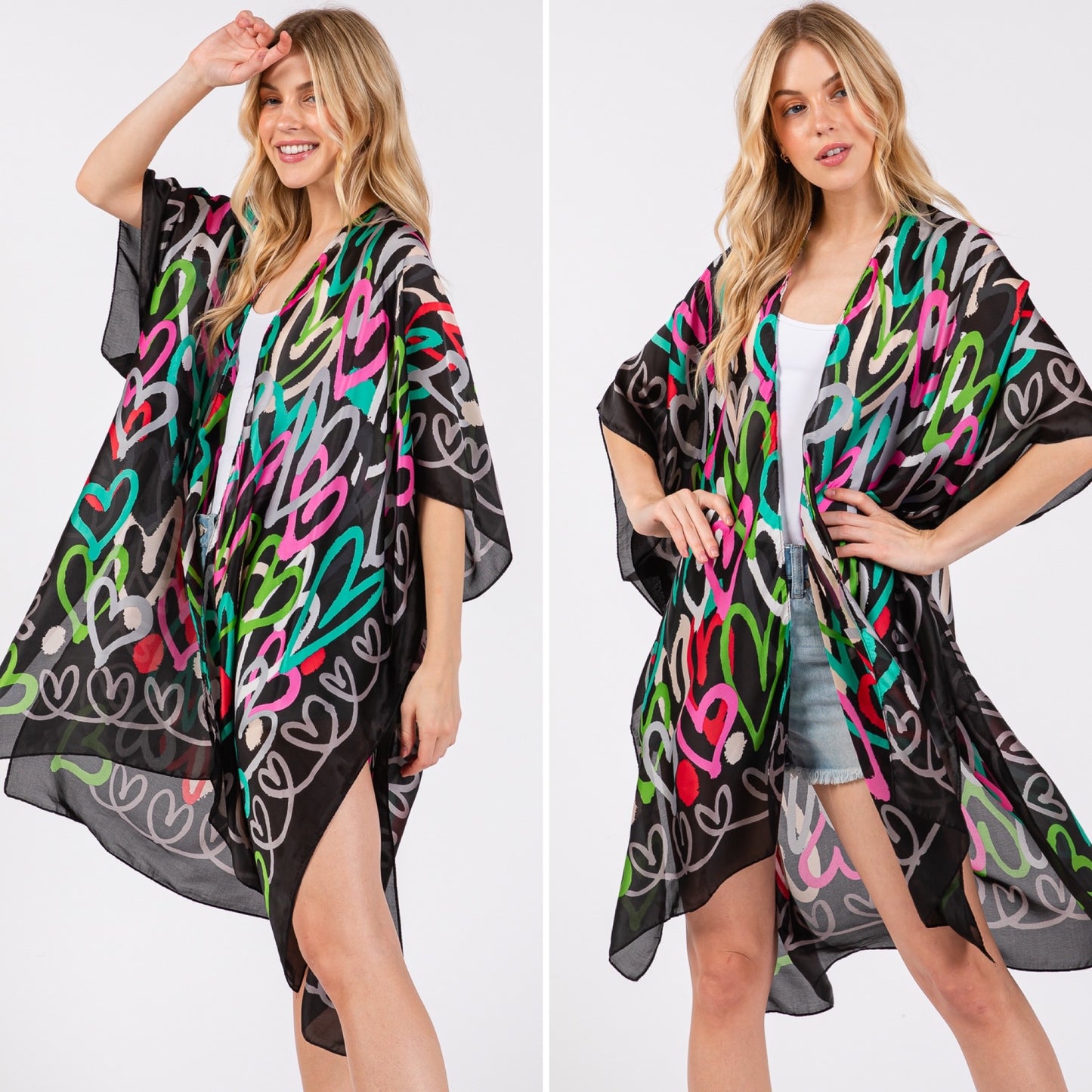 Black or Beige Multicolor Heart Print Silky Feel Kimono