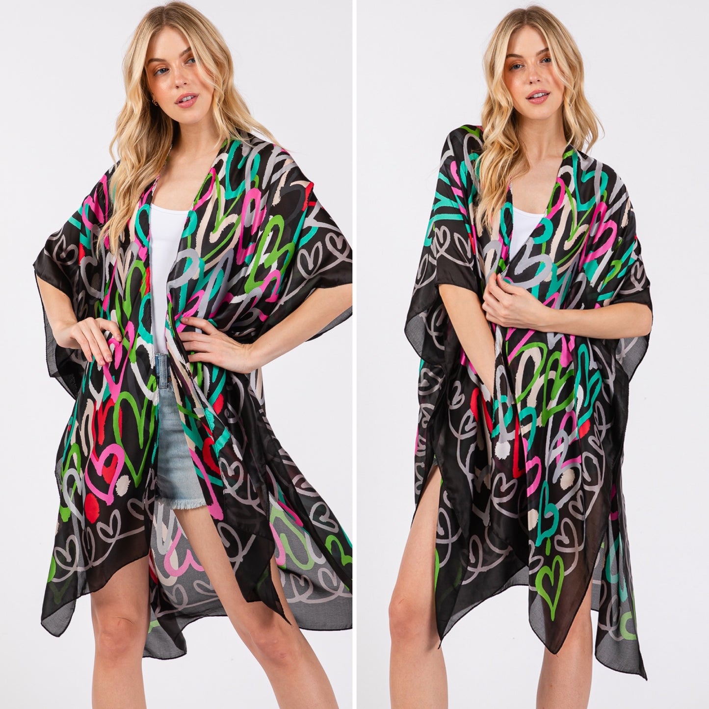 Black or Beige Multicolor Heart Print Silky Feel Kimono