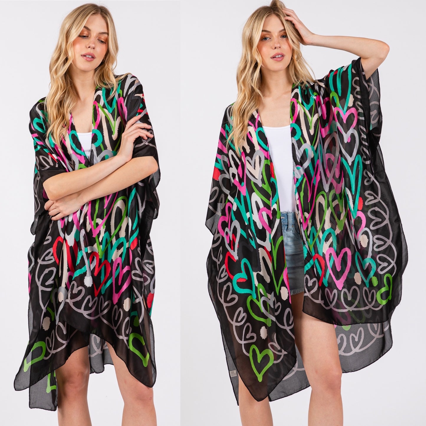 Black or Beige Multicolor Heart Print Silky Feel Kimono