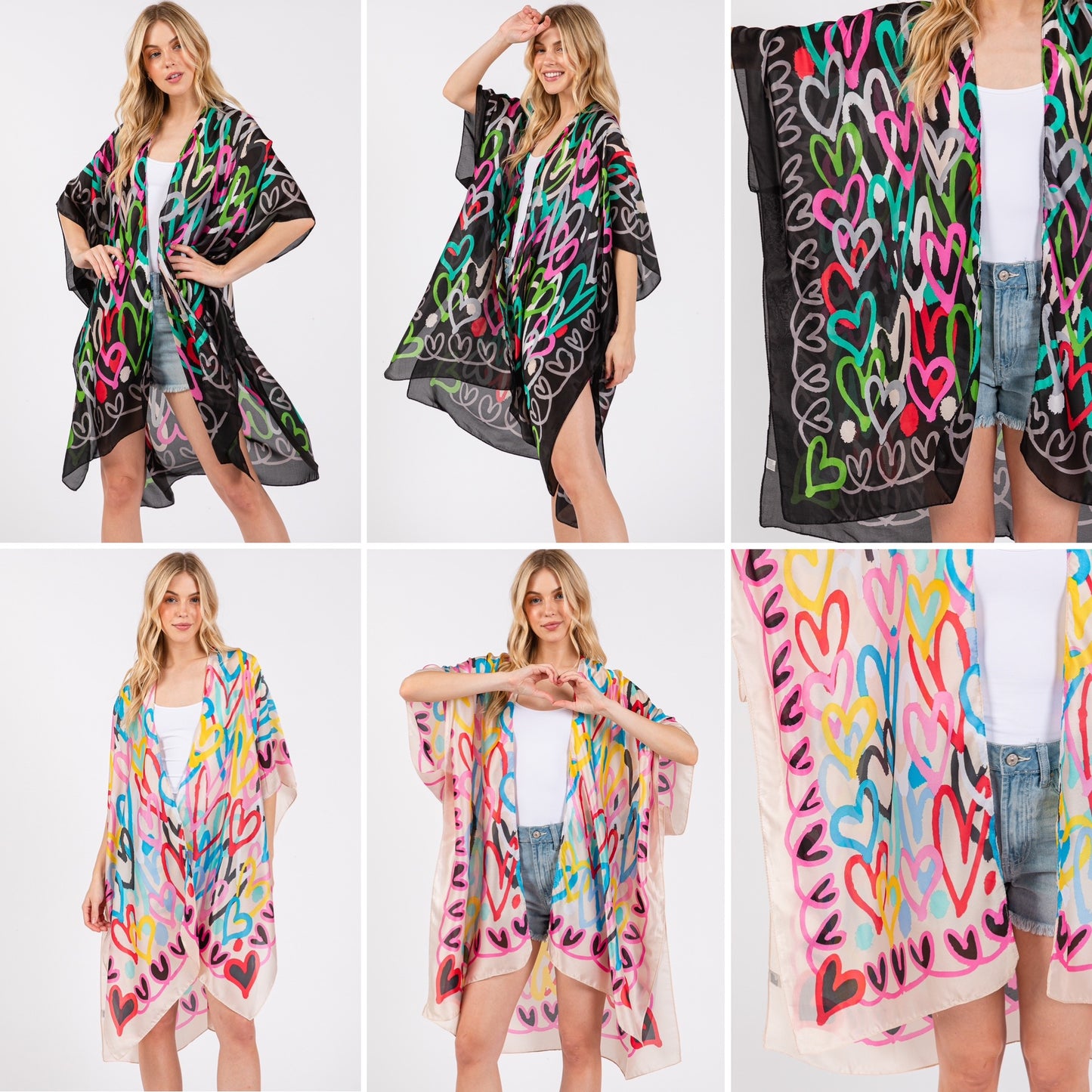 Black or Beige Multicolor Heart Print Silky Feel Kimono