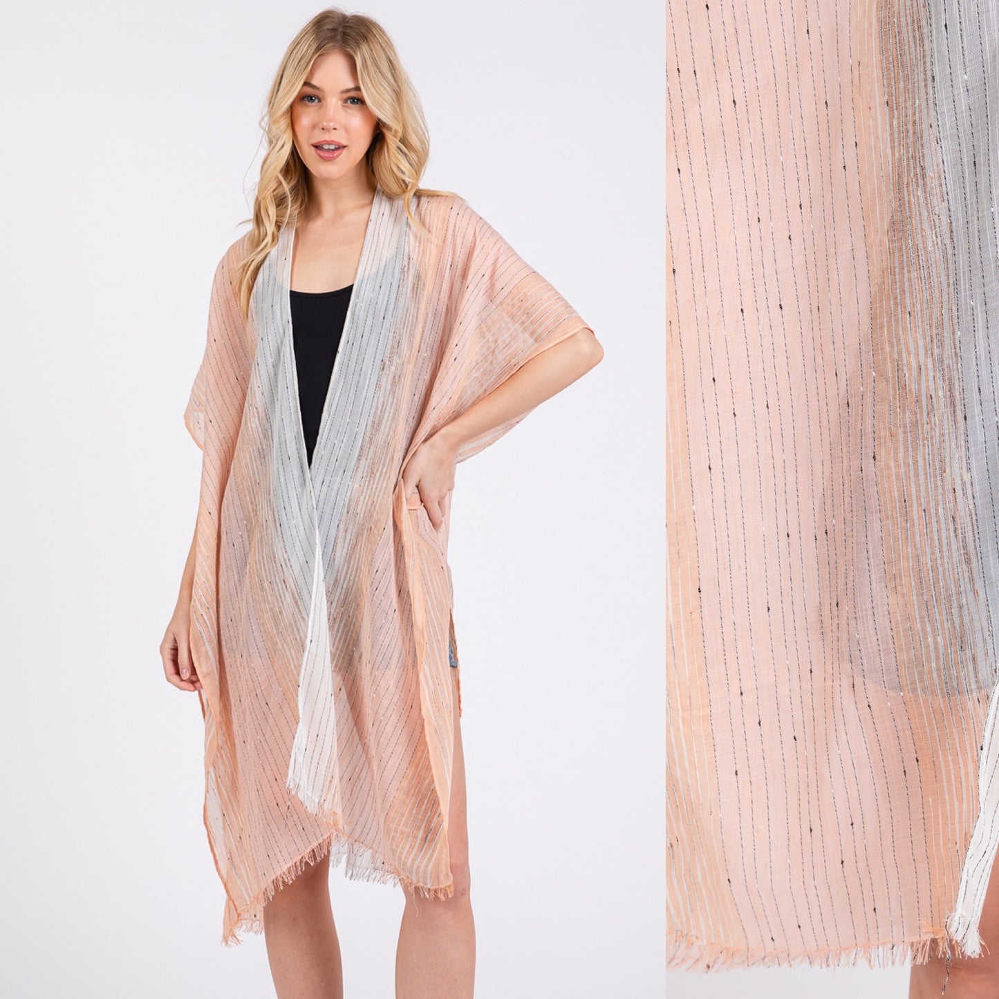 Striped Two Tone Cover up Open Kimono Shawl