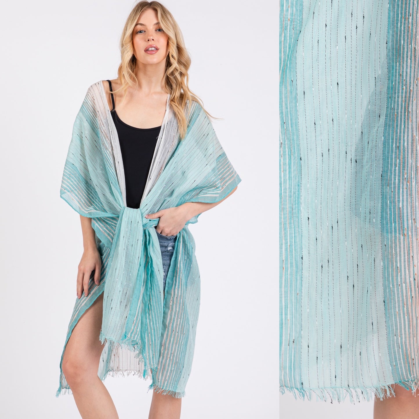 Striped Two Tone Cover up Open Kimono Shawl
