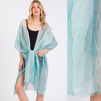 Striped Two Tone Cover up Open Kimono Shawl