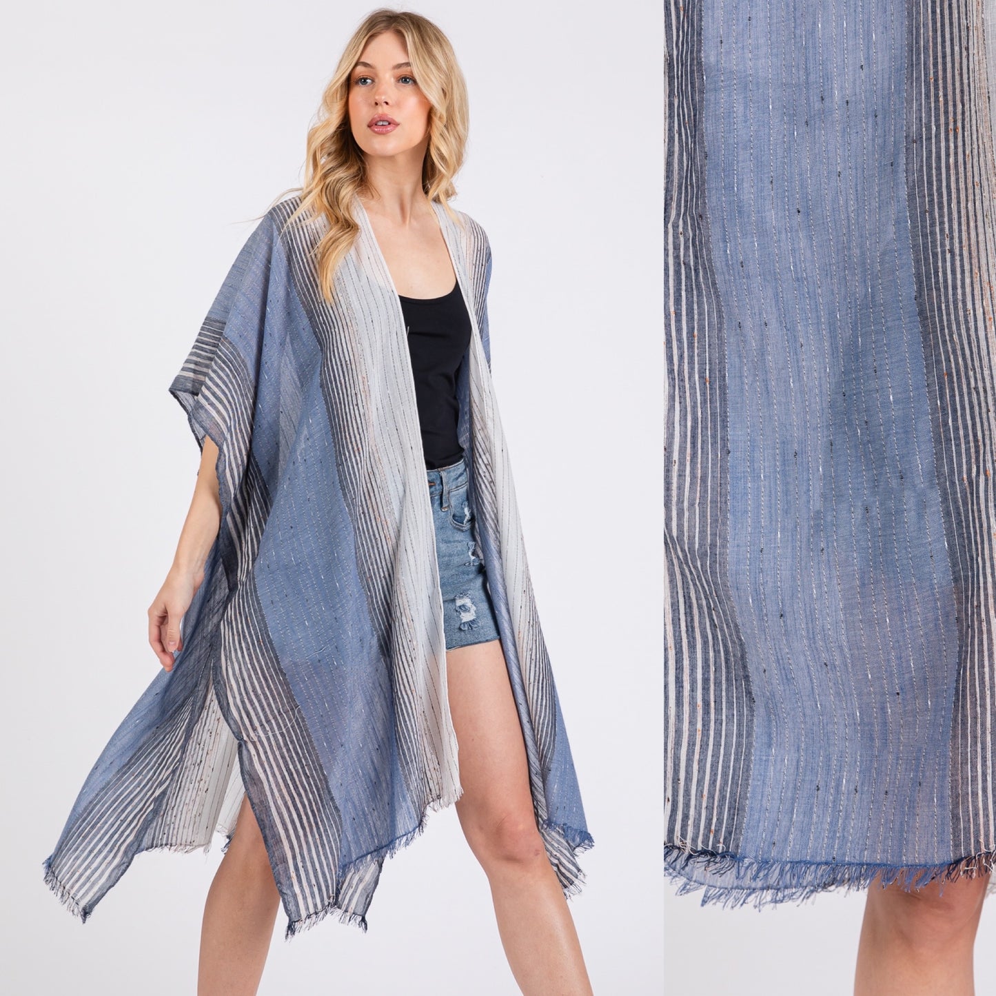 Striped Two Tone Cover up Open Kimono Shawl