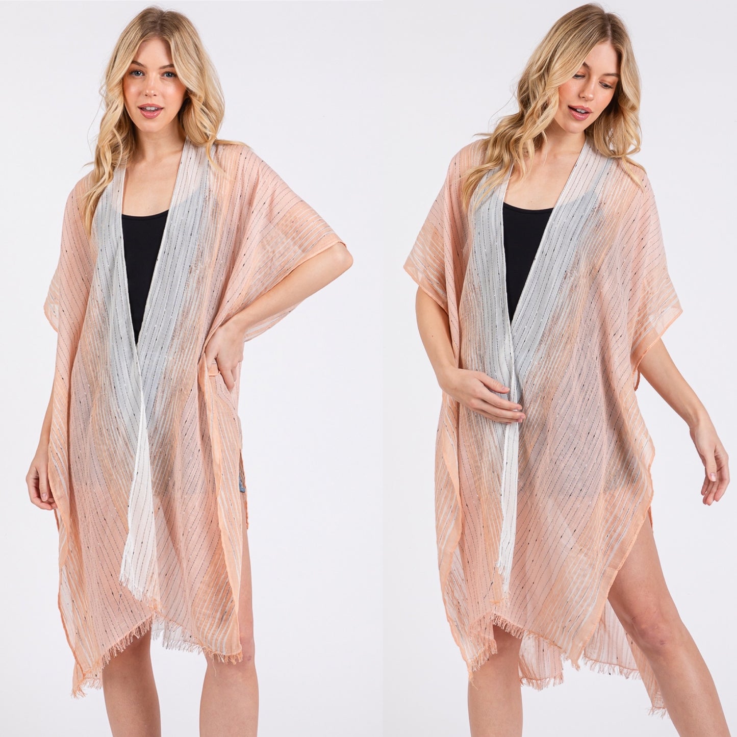 Striped Two Tone Cover up Open Kimono Shawl