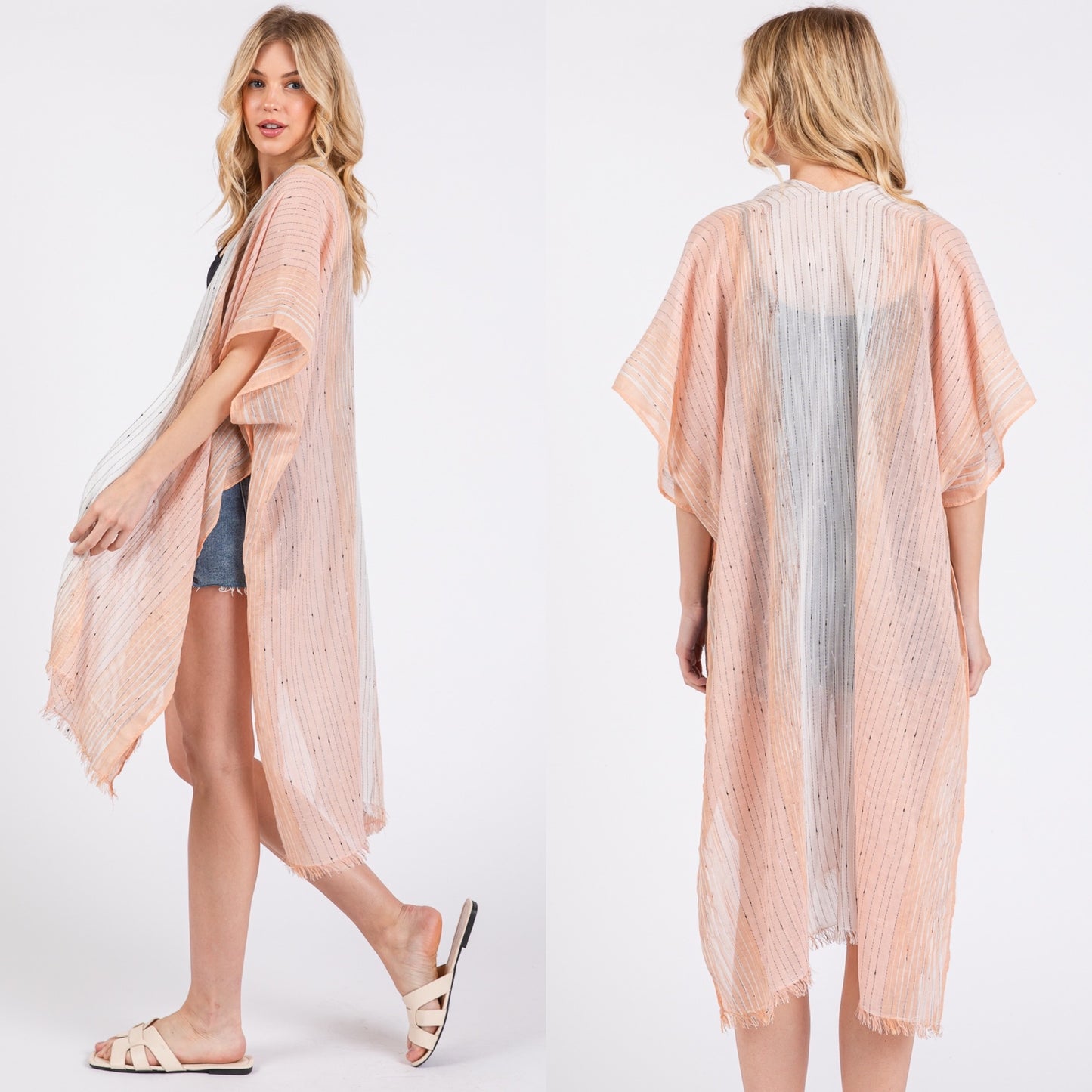 Striped Two Tone Cover up Open Kimono Shawl