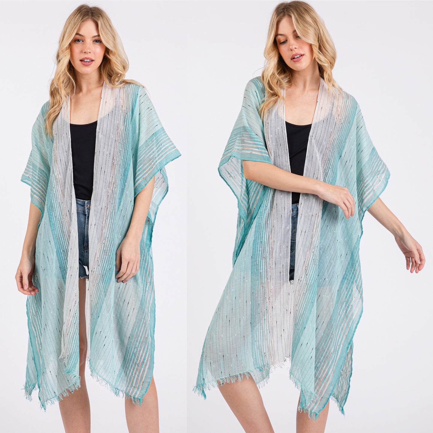 Striped Two Tone Cover up Open Kimono Shawl