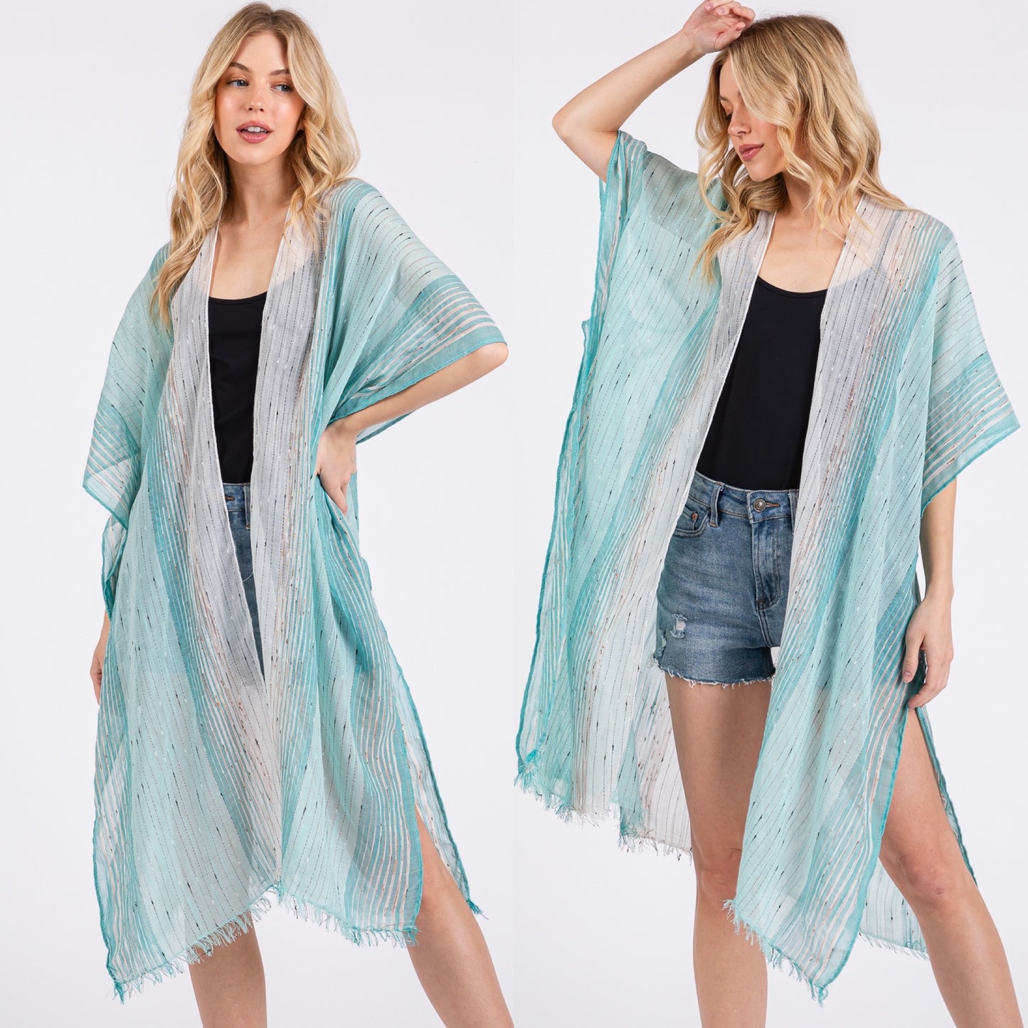 Striped Two Tone Cover up Open Kimono Shawl
