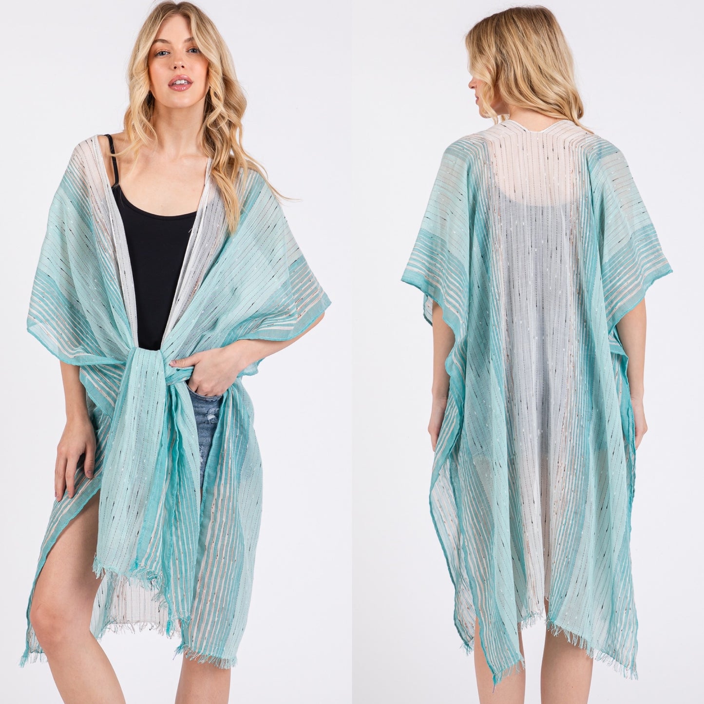 Striped Two Tone Cover up Open Kimono Shawl