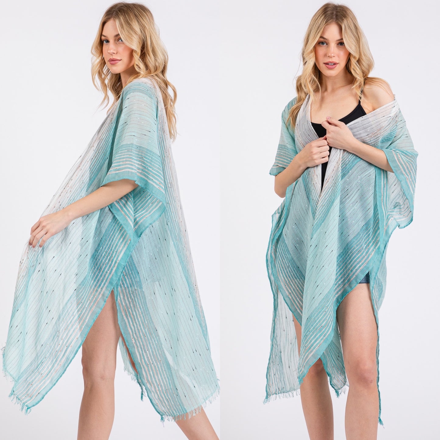 Striped Two Tone Cover up Open Kimono Shawl